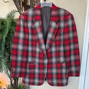 Vintage Woolrich Wool Blend Red Gray Black Shadow Plaid Blazer Lined Suit Jacket